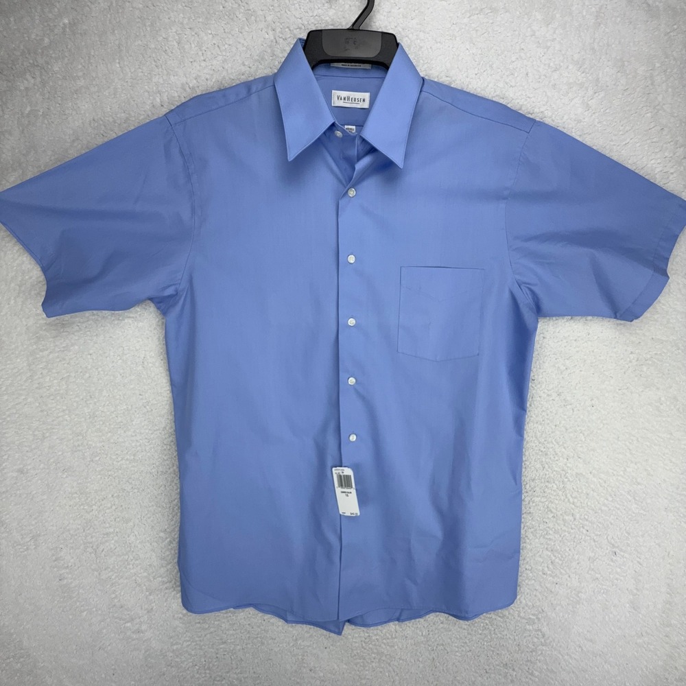 Van Heusen Mens Poplin Short Sleeve Dress Shirt Cameo Blue Size 16 L 20F0151493
